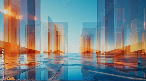 Abstract background of square hanging with many rectangular glass panels with colorful gradient colors against blue sky.