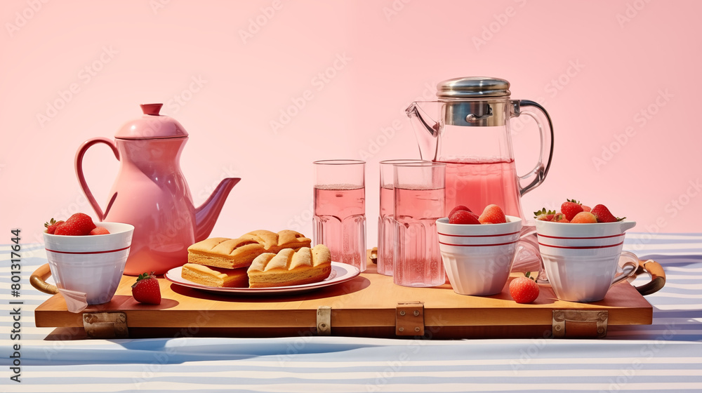 Long Shot of Picnic Items on a Clean Pastel Long Shot of Picnic Items on a Clean Pastel
