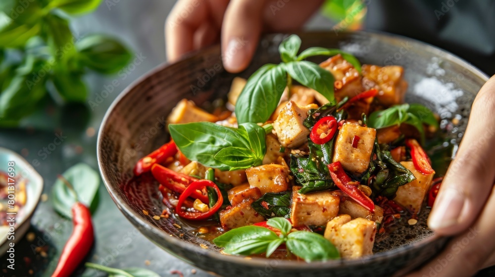 Hands garnishing a plate of Thai basil tofu stir-fry (Pad Krapow Tofu) with fresh chili slices and basil leaves, adding a burst of flavor and color. Hands garnishing a plate of Thai basil tofu stir-fry (Pad Krapow Tofu) with fresh chili slices and basil leaves, adding a burst of flavor and color.
