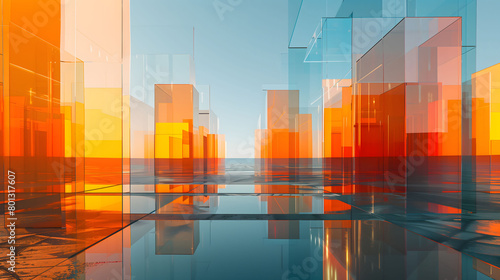 Abstract background of square hanging with many rectangular glass panels with colorful gradient colors against blue sky.