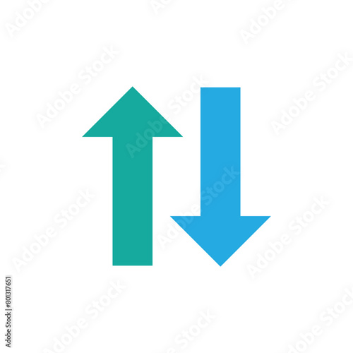 Simple up and down arrows. Upward, downward arrows in blue isolated on white background, set of two. Flat style eps 10 vector illustration.