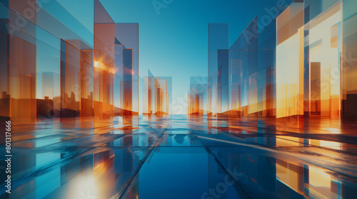 Abstract background of square hanging with many rectangular glass panels with colorful gradient colors against blue sky.