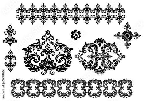 Decorative set of monochrome ornament silhouette shapes vector