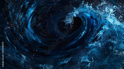 An abstract portrayal of a midnight blue wave  swirling with the mysteries of a starlit night. The dark tones contrast with flecks of lighter blues  creating a mesmerizing effect.