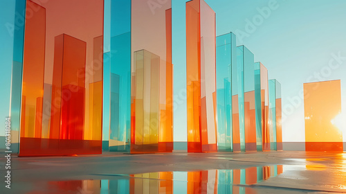 Abstract background of square hanging with many rectangular glass panels with colorful gradient colors against blue sky.