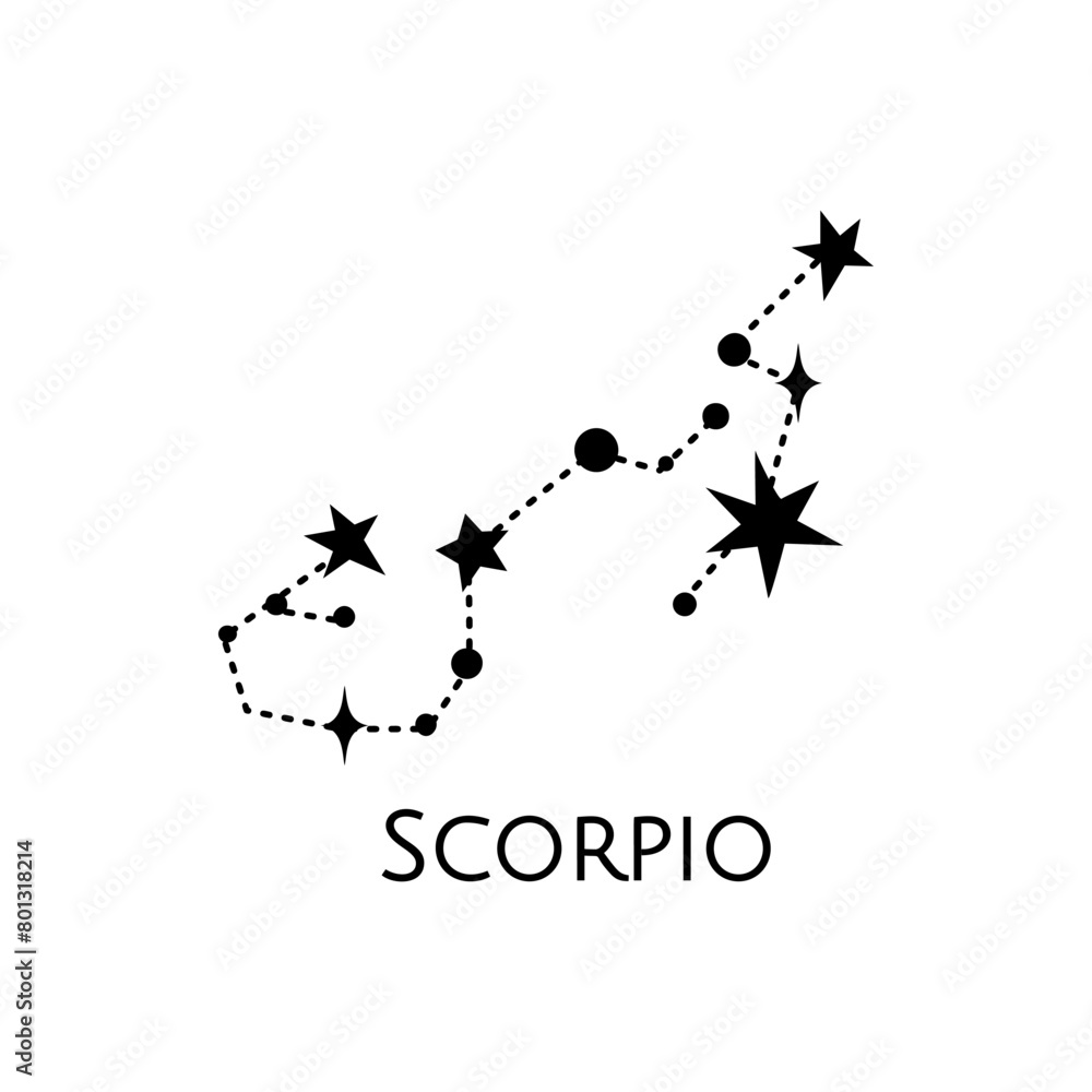 Fototapeta premium Constellation of Scorpio. Vector illustration. Zodiac sign. Black and white stars. Line art tattoo, Spirituality, magic