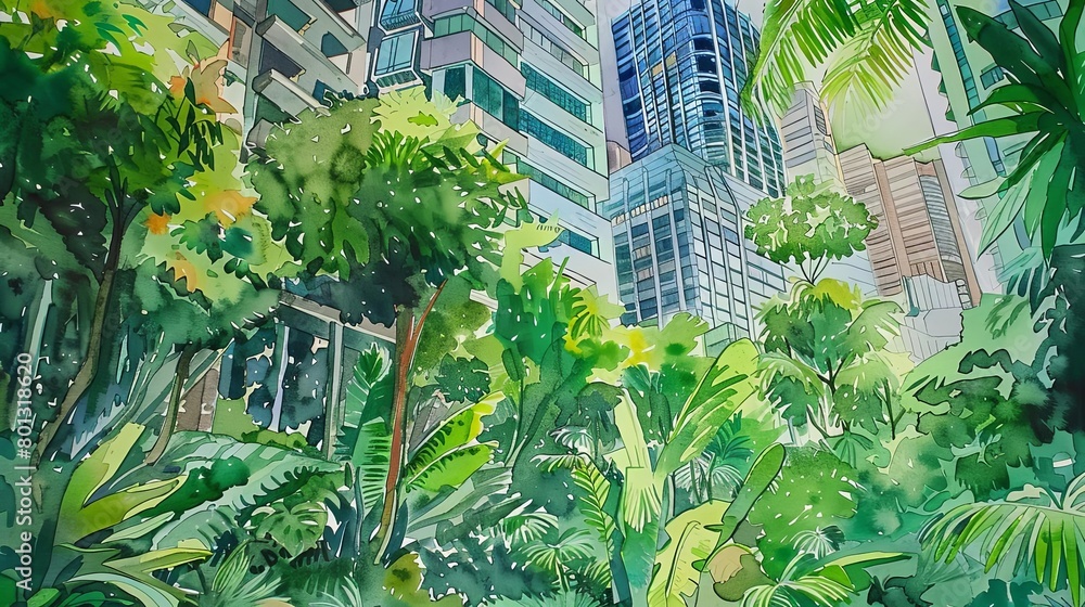 urban jungle with palm trees and buildings in the background