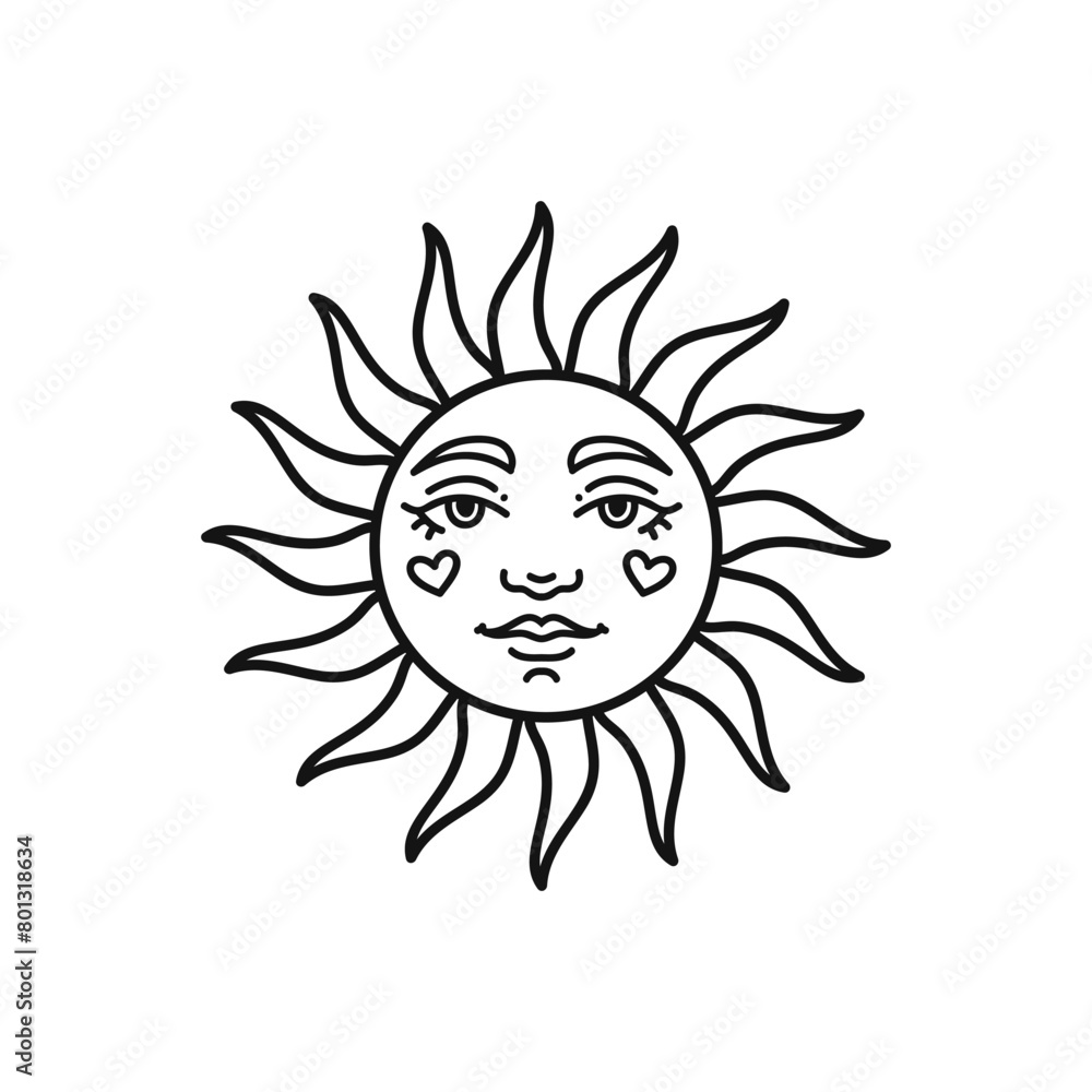 Sun doodle logo. Bohemian hand drawing, esoteric sketch. Vector illustration