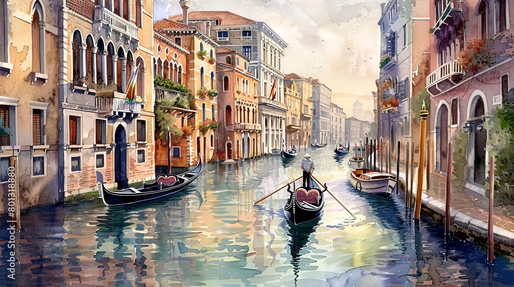 venetian canal with gondolas and buildings in the background
