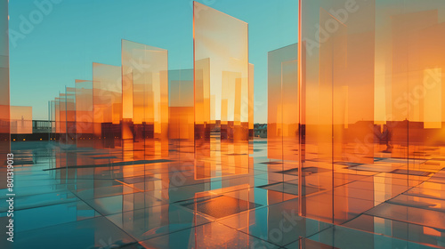 Abstract background of square hanging with many rectangular glass panels with colorful gradient colors against blue sky.