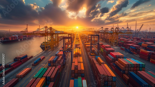 The sun sets over a bustling industrial shipping port, loaded with colorful containers and cranes, highlighting global trade. generative ai 