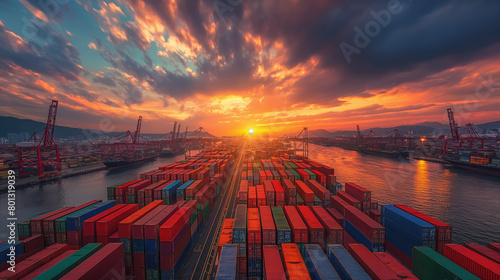 The sun sets over a bustling industrial shipping port, loaded with colorful containers and cranes, highlighting global trade. generative ai
