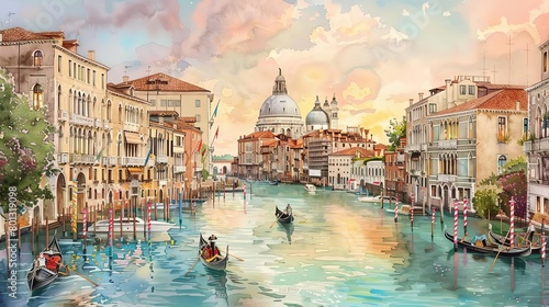 venetian canal with colorful buildings, boats, and trees under a blue sky photo