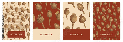 A set of templates for title pages of notebooks or books. Poppy print. Versatile abstract layouts with poppy seeds in vintage colors. For notepads, planners, brochures, books, catalogues.