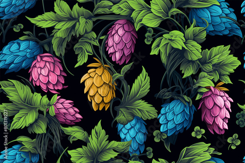 Vibrant seamless floral pattern with hops and malt, perfect for brewing themes.
