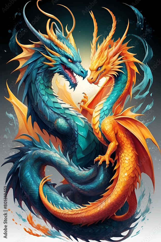 chinese dragon blue and orange water vs fire