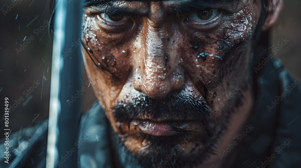 A close-up of a Samurai ronin, a masterless samurai, showing his rugged appearance and katana. Epic shot.
A close-up of a Samurai ronin, a masterless samurai, showing his rugged appearance and katana. Epic shot.