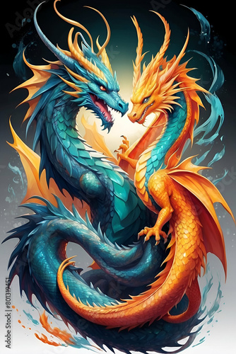 chinese dragon blue and orange water vs fire © MA.DesignWorks