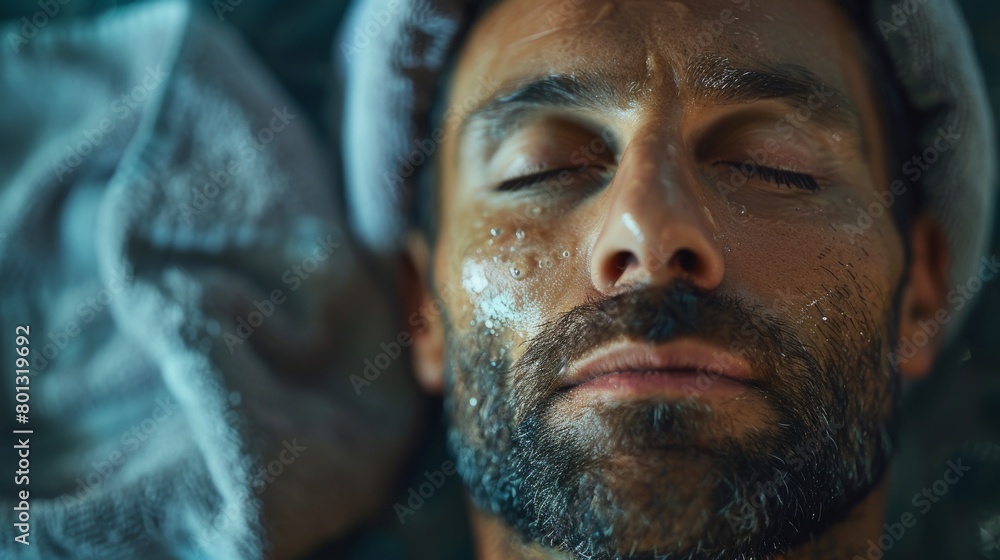 40 years old man lay with closed eyes and relaxing in spa salon. Concept of health, relax, self care and me time. Generative ai 40 years old man lay with closed eyes and relaxing in spa salon. Concept of health, relax, self care and me time. Generative ai