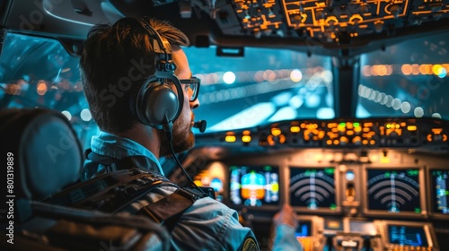 A pilot preparing for takeoff in the cockpit of a commercial airplane photo