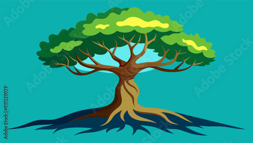 A tree with gnarled twisted roots and a sy resilient trunk symbolizing the ability of wise investments to weather financial storms and withstand