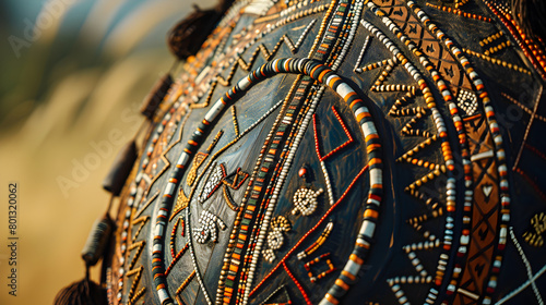 A close-up of a Zulu warrior's shield, decorated with intricate patterns and symbols. Epic shot.


 photo