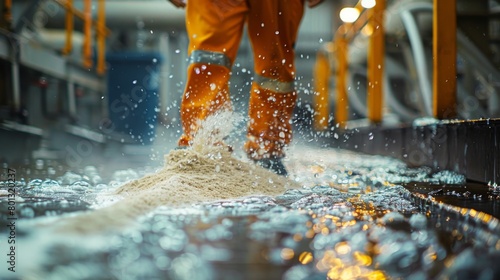 Absorbent Application: A real photo shot showcasing the application of absorbent materials, like sand or specialized pads, to absorb and contain spilled chemicals. photo
