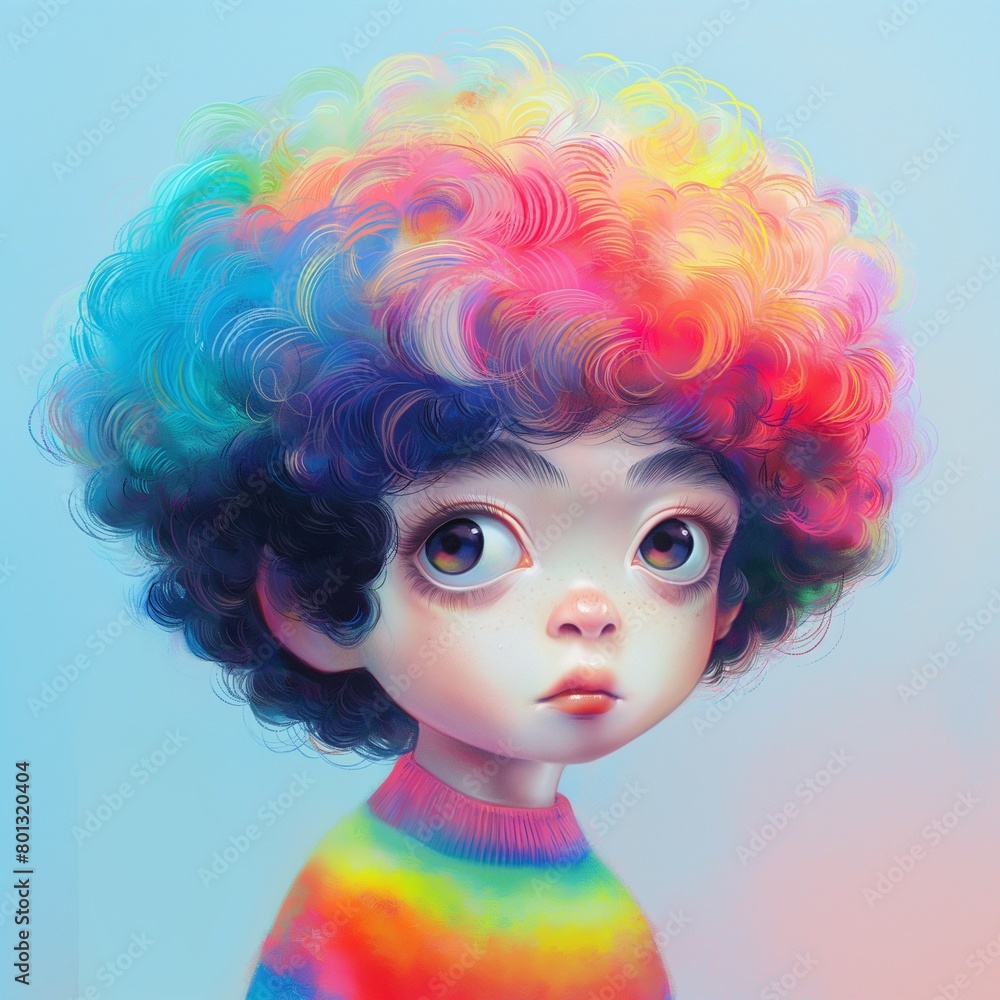 Un pequeño niño con una melena afro en tonos coloridos Un pequeño niño con una melena afro en tonos coloridos