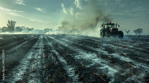 Agricultural Burning: A real photo showing agricultural fields being burned, releasing smoke and ash into the atmosphere, worsening the PM 2.5 dust crisis. photo