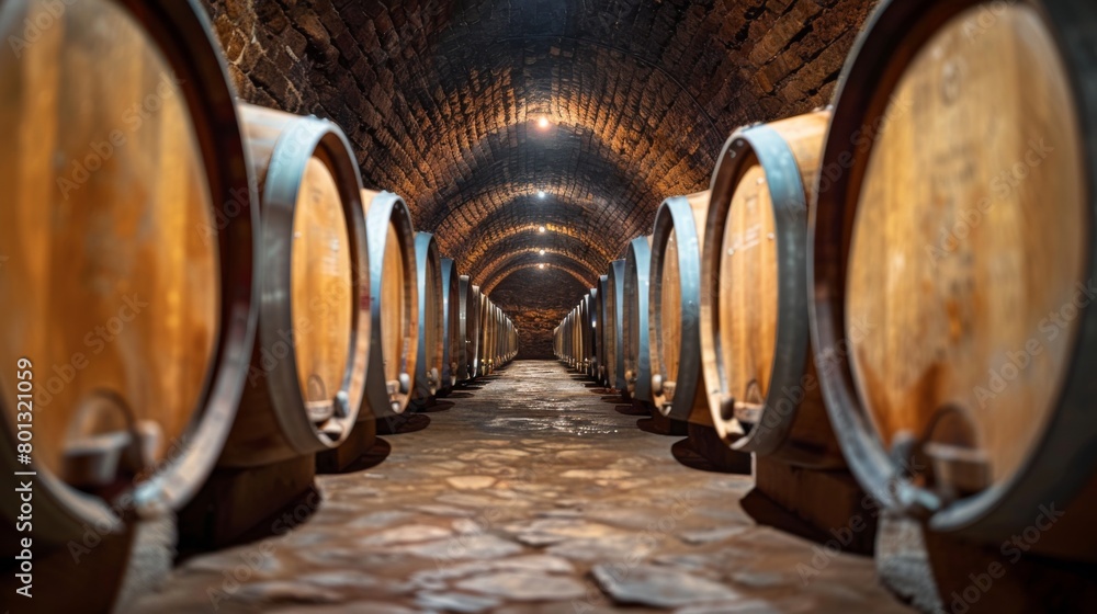 wine barrels aging in dimly lit cellar rooms, where wines develop complex flavors and aromas over time, maintaining naturalness in the cellar environment.