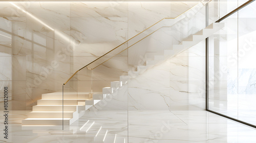 White marble LED stripe floating stair in a U shape