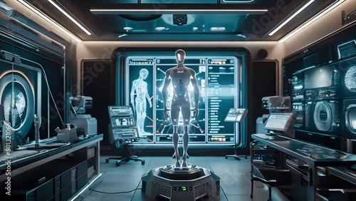 Human medical care center, main control room, Rotating scanning 3D robot individually body in digital interface, Futuristic hospital with medical high tech healthcare. Medical and technology concept	
 photo