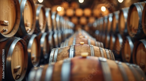 wine barrels aging in dimly lit cellar rooms, where wines develop complex flavors and aromas over time, maintaining naturalness in the cellar environment. photo