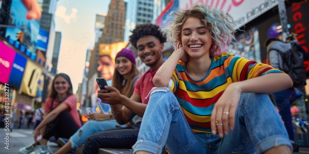 Fototapeta premium Portrait of gorgeous young smiling Asian woman using her cellphone to browse the internet outside with friends. Diverse millennials using phones for social networking.