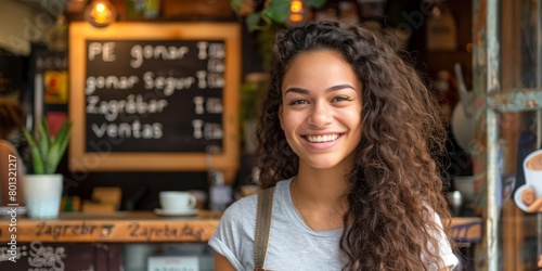 Happy portrait of woman smiling, relaxed, and thrilled about startup, firm, and vision against mockup background. Entrepreneur and Brazilian girl optimistic about future, idea, and copy space photo