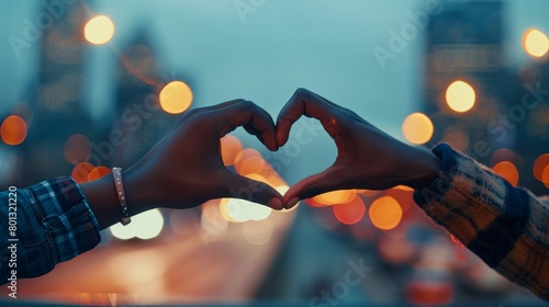 People with heart sign, hands, kindness, emoji, and devotion outside and closeup. Outside, interracial pair or couple with love, trust, and caring emblem and like photo