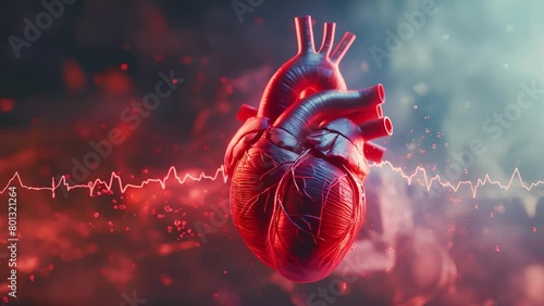 Human heart with red cardio pulse line, Human heart with cardiogram for medical heart health care background, 3D Illustration, Medical and technology concept	 photo