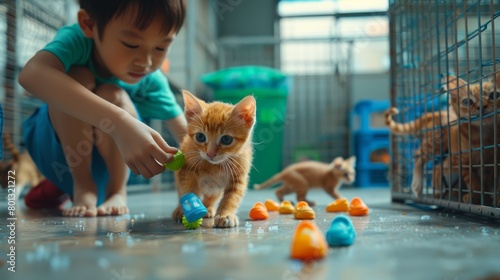 Child, girl, or cat feeder in pet adoption facility, shelter, or cat charity. Homeless kittens, pets, or dining with kids, teens, or foster care recipients need support. photo