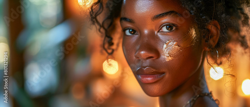 Elegant African American Woman with Glitter Makeup in Warm Light
