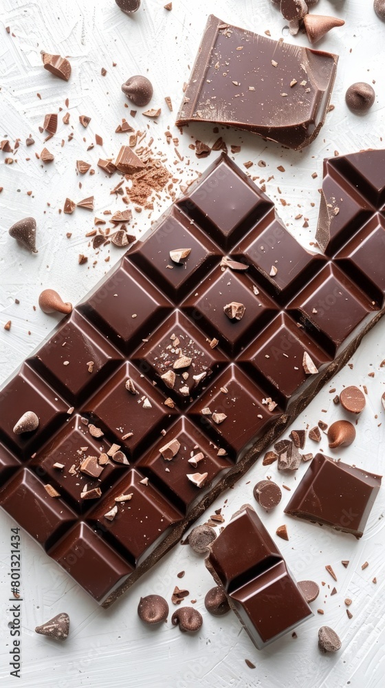A close-up shot of a broken chocolate bar with scattered crumbs on a white surface. A close-up shot of a broken chocolate bar with scattered crumbs on a white surface.