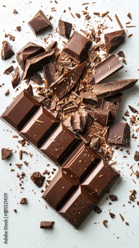 A close-up shot of a broken chocolate bar with scattered crumbs on a white surface.