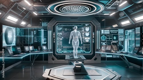 Human medical care center, main control room, Rotating scanning 3D robot individually body in digital interface, Futuristic hospital with medical high tech healthcare. Medical and technology concept	
 photo