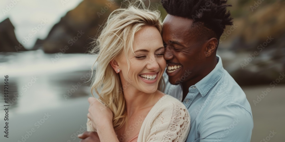 Beach lovers hug and kiss for summer vacation, happy marriage, and lifestyle. Happy interracial couple enjoying ocean vacation, holiday break, and laughter. Beach lovers hug and kiss for summer vacation, happy marriage, and lifestyle. Happy interracial couple enjoying ocean vacation, holiday break, and laughter.