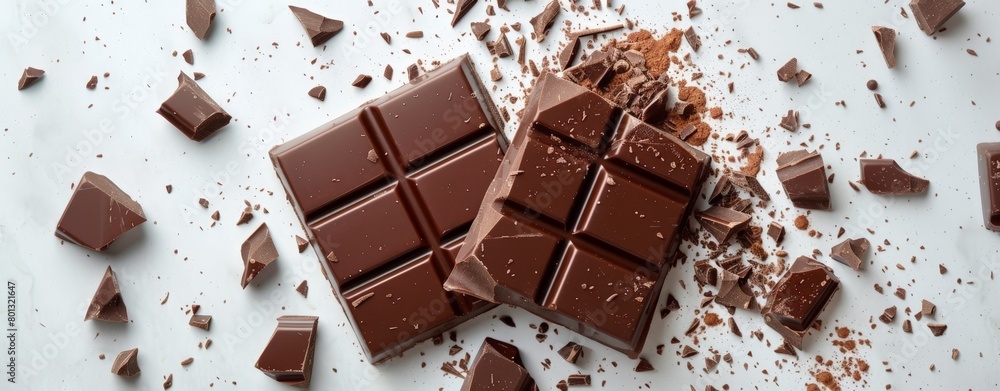 A close-up shot of a broken chocolate bar with scattered crumbs on a white surface. A close-up shot of a broken chocolate bar with scattered crumbs on a white surface.