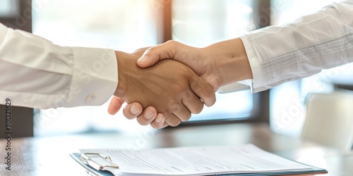 In interview, two unknown mixed-race businessman hold hands after signing contract. CEO, hiring manager meet applicant. Worker hired for opening, vacancy, office, or promotion