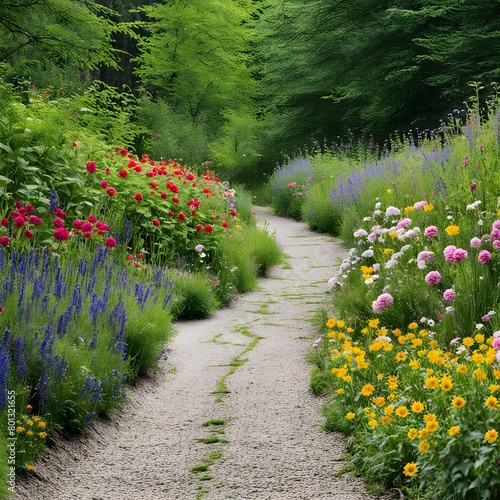 In einem idyllischen Garten tanzen Blumen in sanfter Brise, während ihr Duft die Luft mit süßen Noten parfümiert. Ein gewundener Kiesweg führt durch üppiges Grün. photo