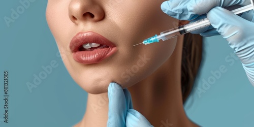 Woman having oral injection for beauty  skincare  and medication in studio on blue background. Interior filler  product  and makeup with a young female model