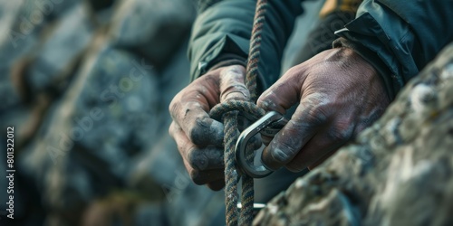 Mountain climber unidentifiable man using a carabiner. Unknown man checks his safety gear while fixing his rope and hook while conducting extreme sports in outdoors.