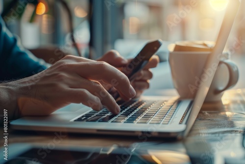 Close up shot of a woman's hands typing on laptop keyboard to search or work while sitting at the deks in the cozy living room, work from home.