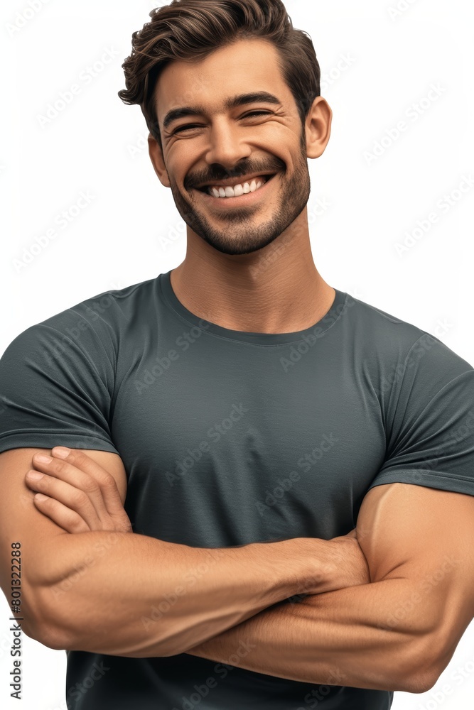 Mockup of a healthy, happy, and proud man from wellness and sports. Single male model with crossed arms smiling and happy against a background. Mockup of a healthy, happy, and proud man from wellness and sports. Single male model with crossed arms smiling and happy against a background.
